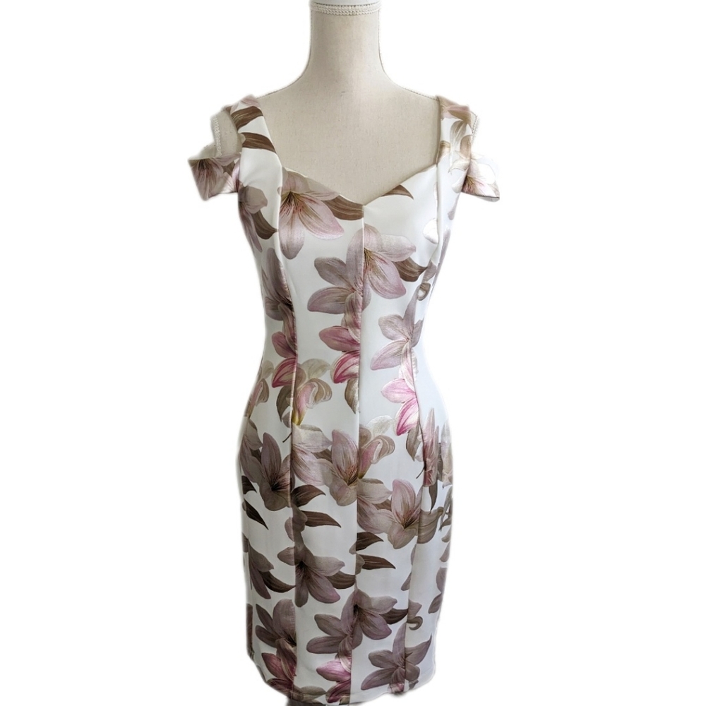 Enfocus Studio Women's Shiny Floral Detail Cold Shoulder Dress